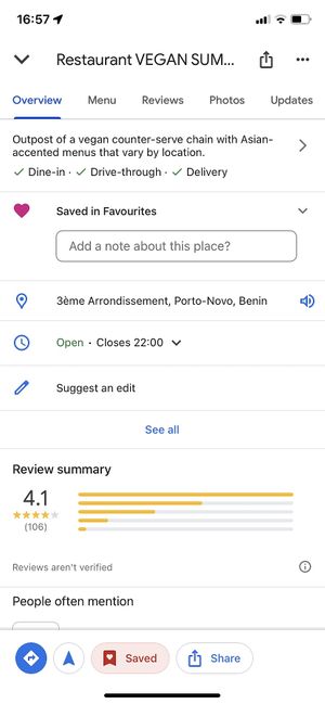 Google reviews  at Vegan Suma in Porto-novo