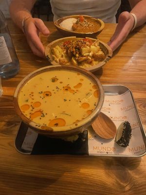Laksa (Malaysian broth with tofu), Massamam wedges, Katsu curry with veggie chicken   at Mundo Street Food in Ibiza