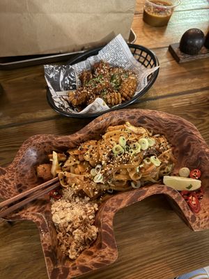 Vegan chicken pad Thai and corn ribs  at Mundo Street Food in Ibiza