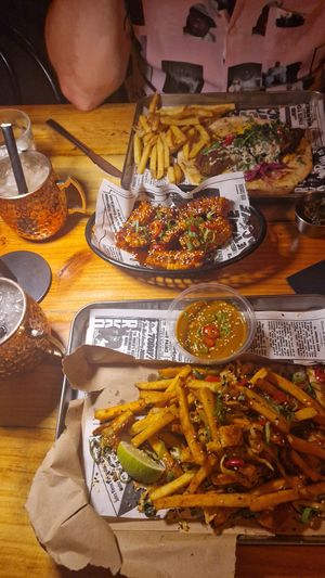 Spice bag, falafel flatbread, corn ribs at Mundo Street Food in Ibiza