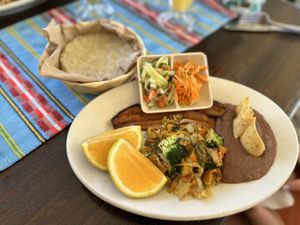 “Vegan Breakfast” with corn tortillas instead of flour tortilla. Highly recommend the corn tortillas as they are made fresh to order on the fire hearth!  at El Fogon Del Cayo in San Ignacio