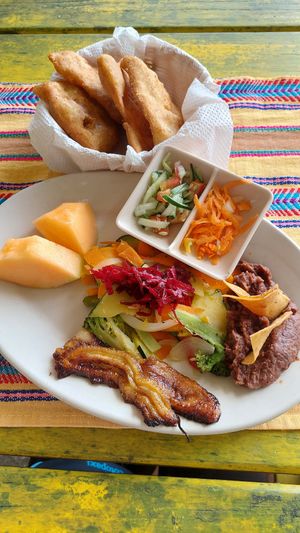 Vegan breakfast (with fry jacks) at El Fogon Del Cayo in San Ignacio