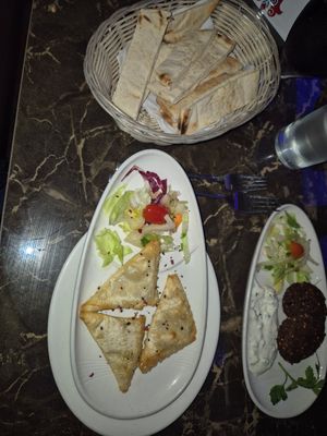 Falafel starter and filo pastry stuffed with cheese and spinach at Topkapi Palace in Manchester