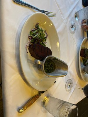 Vegan steak with the vegan sauce   at Charley's Steak House in Orlando