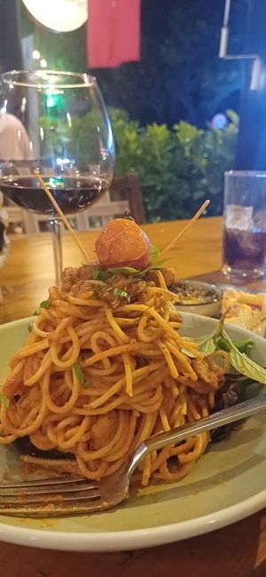 Vegan spaghetti with eggplant at Simge Gourmet Kitchen in Antalya