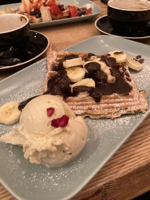 Waffle with banana and chocolate. Got some extra vanilla ice cream for 2 Euro   at Vegan Vibes in Berlin