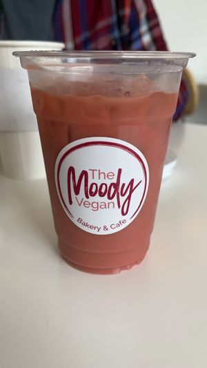 Raspberry iced coffee   at The Moody Vegan in Los Angeles
