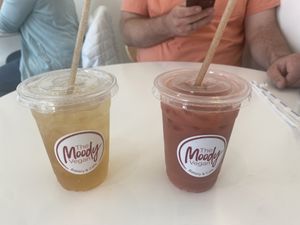 Left is Lavender Mint Iced Tea (on special) and right is the Raspberry Iced Coffee. Both 5/5!  at The Moody Vegan in Los Angeles