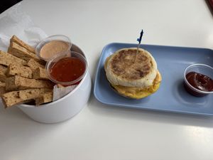 Tofu fries with spicy ranch and sweet chili saucee  at The Moody Vegan in Los Angeles