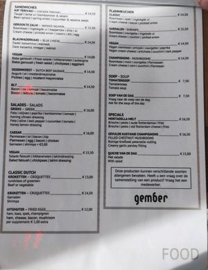 Food menu: vegan sandwich, salad & pizza at Restaurant Gember in The Hague