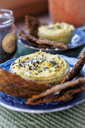Houmous lentilles corail et crackers aux graines. at Les Oiseaux Voyageurs in Montbazens