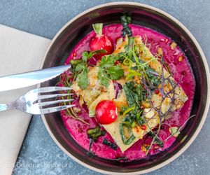 Clafoutis de légumes au vieux Rodez et coulis de betteraves au vinaigre balsamique. at Les Oiseaux Voyageurs in Montbazens