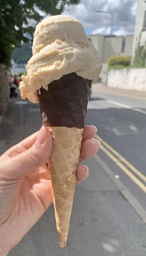 Biscoff ice cream with a dark chocolate cone  at The Treat Stop in Windermere
