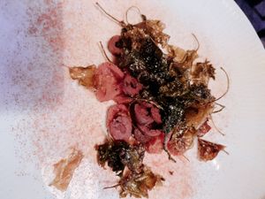 Tomato, fried green cale, sliced olives, Tomato dust at Restaurant Nögen  in Vejle