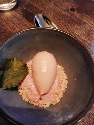 Sorbet on foam with hasselnuts at Restaurant Nögen  in Vejle