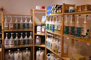 The liquids corner of the refillery. Over 35 options to choose from including washing up liquid, shampoo, white vinegar, and even rinse aid! at My Carbon Coach in Taunton