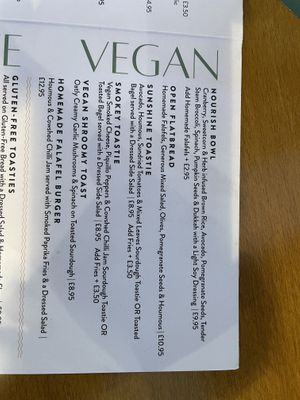 Vegan menu section  at The Cowshed Dorset in Poole