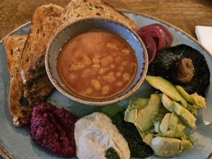 Vegan breakfast. Tomato, crispy potatoes, baba ganoush and pea sprouts missing but beans added at Egypt Mill Hotel & Restaurant in Gloucester
