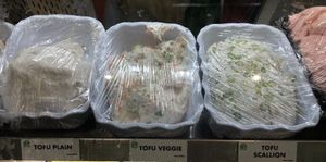 Three types of tofu cream cheeses--this is standard for NYC at Brooklyn Bagel & Coffee Co in New York City