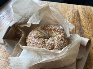 Bagel--big and good, but not any better than other NYC bagels. at Brooklyn Bagel & Coffee Co in New York City