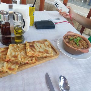 Byrek and baked beans at Restaurant Prishtina in Himare