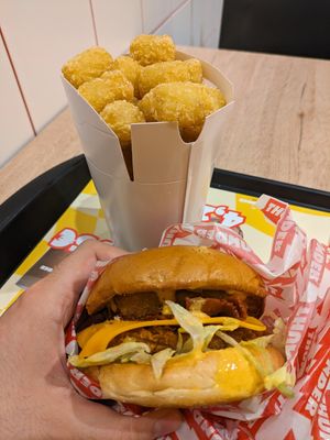 Tots and a thunder chickun burger at Thunder Vegan - La Latina  in Madrid
