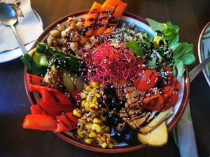 Vegan Macska bowl at Vasmacska KávéZoo in Budapest