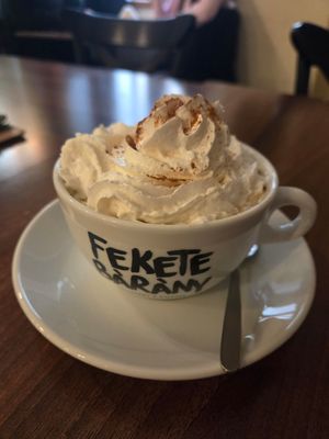 Pumpkin spice latte with almond milk and vegan  whipped cream at Vasmacska KávéZoo in Budapest
