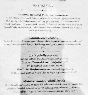 Appetizers (VG = vegan! I checked!) at Little Eden  in Yungaburra