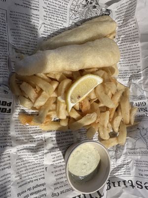 Vegan fish and chips  at Suzy Spoon's Vegetarian Butcher in Marrickville