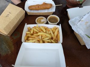 Fries & dog at Suzy Spoon's Vegetarian Butcher in Marrickville