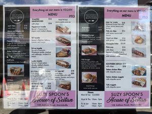 Menu of eat in and takeaway   at Suzy Spoon's Vegetarian Butcher in Marrickville