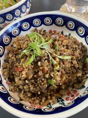 Lauryn Hill Bowl (Teriyaki stir fry, sautéed oyster mushrooms, wild rice, & quinoa blend, onions, peppers, herbal spices topped with coconut aminos)
 #Veganuary at Plants & Poets Cafe in Newark