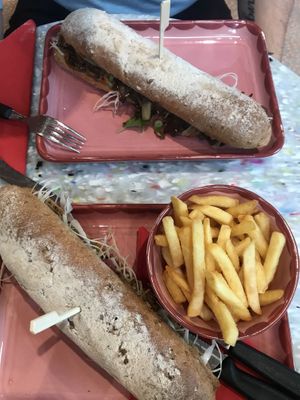 Teriyaki mushroom and tofu sandwich with fries   at Kantine in Offenburg
