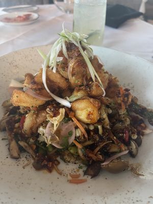 Brown rice with sautéed vegetables, fried squash with sweet Chilli sauce!  at Voyagers in Orange Beach