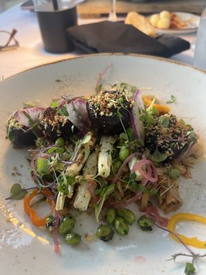 Kung Pao beet “scallops” top basmati rice  at Voyagers in Orange Beach