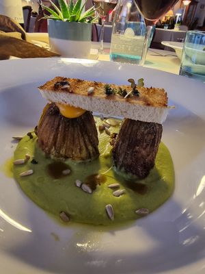 Pea and mint gazpacho, zucchini flowers stuffed with edamame wasabi with sunflower seed and turmeric pesto at Ristorante dei Poeti in Sirmione