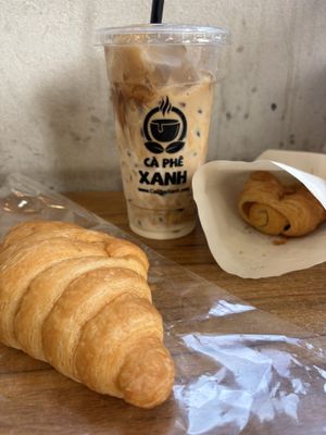 Pain au chocolat and plain croissant (coffee from elsewhere)  at O Plant-based - Nguyễn Đình Chiểu in Ho Chi Minh City
