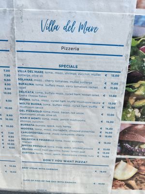 Menu  at Villa del Mare in Sinnai