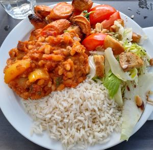 Mediterranean bean stew, rice, and salad. at Restaurant Mau-Kas in Espoo