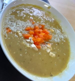 Pea soup with tofu and carrots. at Restaurant Mau-Kas in Espoo