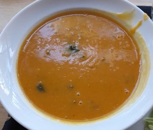Organic pumpkin and chickpea soup at Restaurant Mau-Kas in Espoo