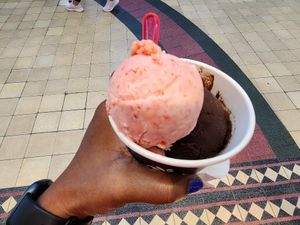 Strawberry sorbet and dark chocolate raspberry at Gelato Mania V&A Waterfront in Cape Town