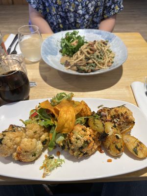 The charred cauliflower steak and the wild mushroom linguine    at Delilah's in Lochinver