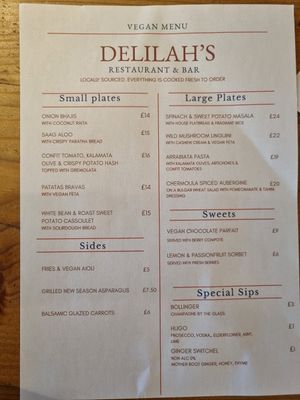 Delilah's vegan menu at Delilah's in Lochinver