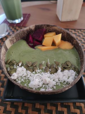 Matcha smoothie bowl at Grasshopper Cafe in Luang Prabang