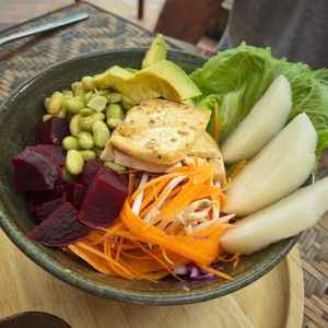 Marinated tofu bowl at Grasshopper Cafe in Luang Prabang