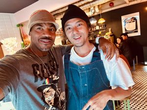 Kimatni aka The Vegan Cyborg with Masa, owner and head chef.  at WILL YOU CURRY ME? in Fukuoka