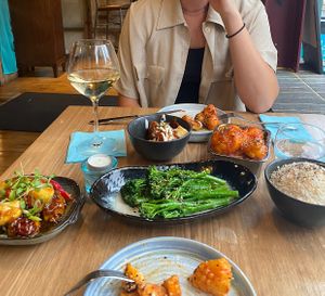 Vietnamese sticky tofu, Patatas bravas, Bang bang cauliflower, Coconut rice  at Orbis in Stamford