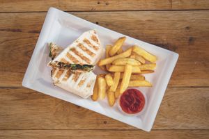 Veggie wrap with fries  at African Vibrations Hostel Osu in Accra